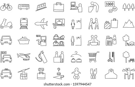 Hand drawn icon set 40 vehicles and public institutions