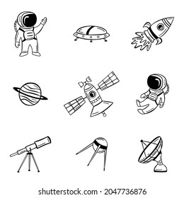 Hand drawn icon set with astronaut, satellite, rocket and planets in doodle style. Collection of hand drawn doodles outer space.