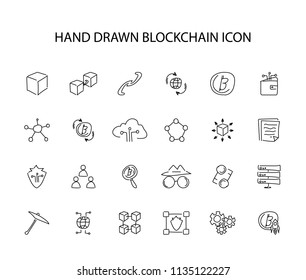 Hand drawn icon set. Blockchain pack. Vector illustration