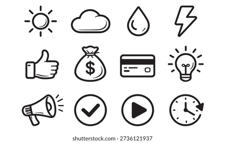 Hand drawn icon set bundle: Sun, cloud, money, credit card, light bulb, and media doodles