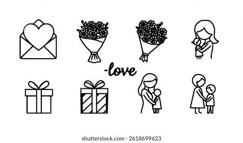 Hand drawn icon set celebrating Mother's Day, featuring gift boxes, flowers, hearts, and cheerful characters. Perfect for greeting cards, posters, social media, and creative projects.