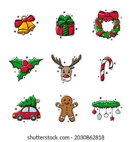 Juego de iconos dibujados a mano de decoraciones navideñas al estilo doodle. Los garabatos de Navidad y Año Nuevo. Ilustración vectorial aislada en fondo blanco.