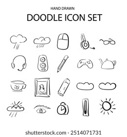 Hand drawn icon set. Clouds doodle sketch, thermometer, cup, kettle, sun, clock, headphones symbol scribble design element isolated, sketchy handdrawn ink vector imitation
