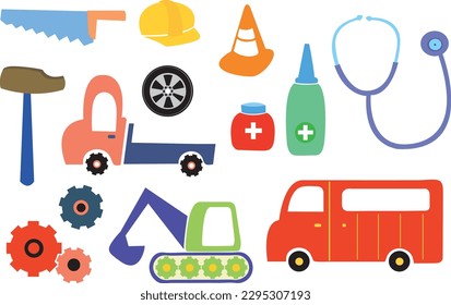 Hand drawn icon set with colourful design for International Labor day. Industry tool icons.