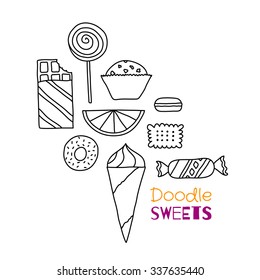 Hand drawn icon set of cookies, chocolates, cakes and candies. Doodle pictogram collection of sweets. Sketch design elements in cartoon style. Thin line, line art. Symbol collection of candies.