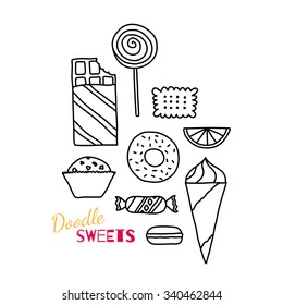 Hand drawn icon set of cookies, chocolates, cakes and candies. Doodle pictogram collection of sweets. Sketch design elements in cartoon style. Thin line, line art. Symbol collection of candies.