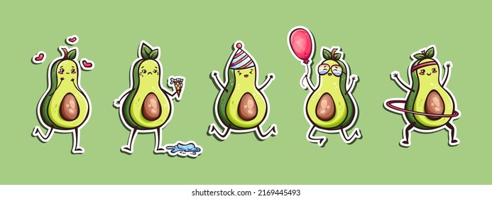 Icono dibujado a mano conjunto de adorables aguacates kawaii al estilo doodle. Pegatinas de aguacate, íconos, mascotas y logos.