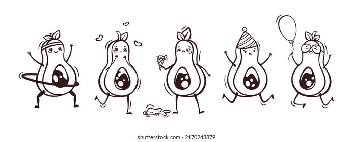 Hand drawn icon set of cute kawaii avocados in doodle style. Cute avocado stickers, icons, mascots and logos.