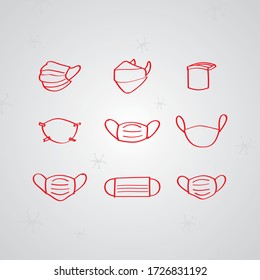 Hand drawn icon set of face mask, surgical mask, medical mask