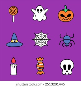 Icono dibujado a mano conjunto de fantasmas y Elementos de celebración de Halloween