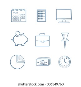 Hand Drawn Icon Set Include: Calendar, Abacus, Pig Bank, Briefcase, Pin, Chart, Stack Of Money, Abacus.