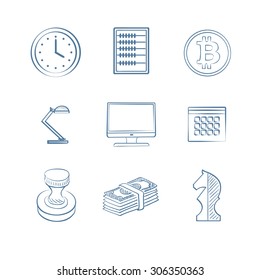 Hand drawn icon set include: chess horse, calendar, chart, folder, toy soldier, burger and drink, table lamp, round rubber stamp, stack of money, abacus, bitcoin logo.