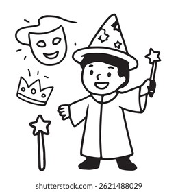Hand Drawn Icon Set of Kids Playing Dress Up in Character Costumes Black and White