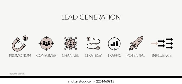 hand drawn icon set of marketing lead generation. background of marketing traffic, promotion, target consumer, marketing channel, strategy.