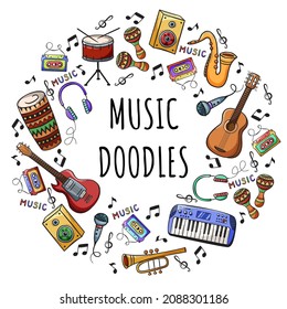 Hand drawn icon set of musical instruments in doodles style.