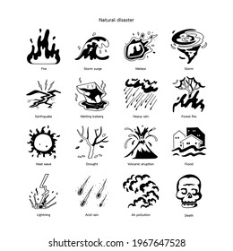 hand drawn icon set of natural disaster isolated on white background.