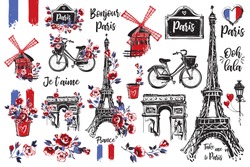 Hand Drawn Icon Set With Paris Symbols. Paris Vintage Style Digital Watercolor Illustration Collection. Travel France. Romantic Vector Illustration Kit.