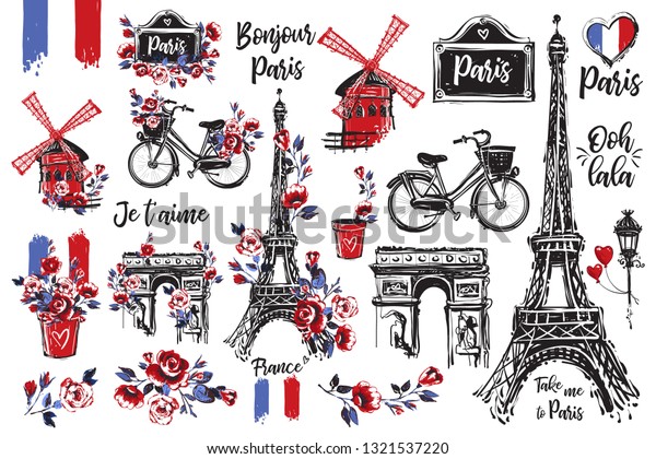 Hand drawn icon set with Paris symbols.
Paris vintage style digital watercolor illustration collection.
Travel France. Romantic vector illustration
kit.