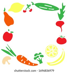 Hand drawn icon set. Pear cherry broccoli tomato carrot cucumber apple beet lemon banana mushroom. Frame of vegetables and fruits