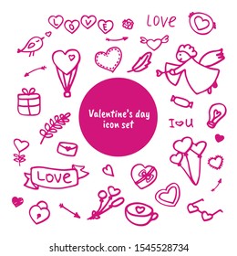 Hand drawn icon set for Saint Valentine day, wedding, romantic event