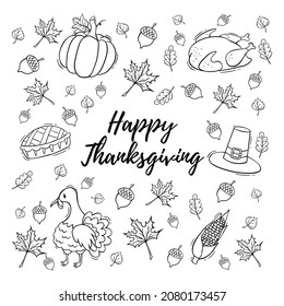 Hand drawn icon set of 
Thanksgiving Day things in doodle style. Thanksgiving Day doodles. Vector illustration.