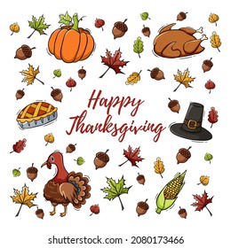 Hand drawn icon set of 
Thanksgiving Day things in doodle style. Thanksgiving Day doodles. Vector illustration.