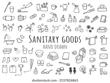 Hand drawn icon set of toiletries and hygiene products