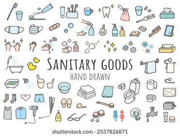 Hand drawn icon set of toiletries and hygiene products