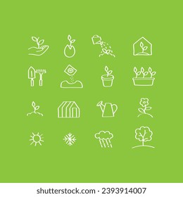 Hand drawn icon set. White on the green background. Gardening, planting, farming, greenhouse, sprouts, plant care, weather.