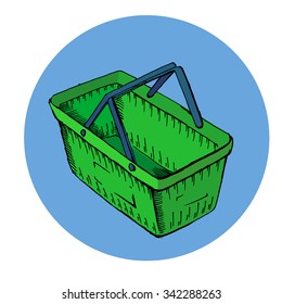Hand drawn icon shopping basket in blue round. Vector illustration