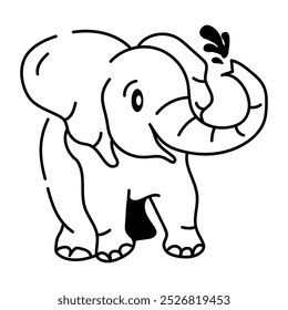 Hand drawn icon showing a cute elephant spraying water with trunk 