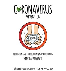Hand drawn icon showing the importance of washing hands for killing coronavirus COVID-19. Regularly and thoroughly wash your hands with soap and water. Vector illustration. Cartoon 2019-nCov symbol.