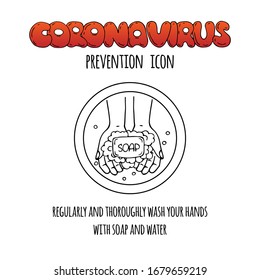 Hand drawn icon showing the importance of washing hands for killing coronavirus COVID-19. Regularly and thoroughly wash your hands with soap and water. Vector illustration. Cartoon 2019-nCov symbol.