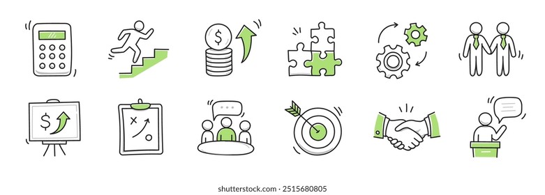 Conjunto de carrera de oficina de negocios de boceto de icono dibujado a mano. Doodle dibujado a mano objetivo de la oficina de negocios, trabajo de grupo de finanzas, estrategia de trabajo en equipo de carrera. Objetivo, rompecabezas, elemento de gráfico. Ilustración vectorial.