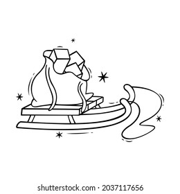Hand drawn icon of sled with a bag of gifts in doodle style isolated on white background.