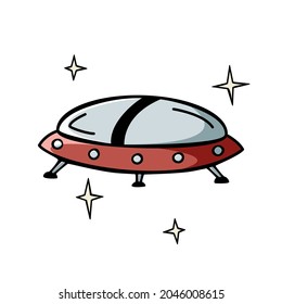 Hand drawn icon of spaceship UFO in doodle style isolated on white background.