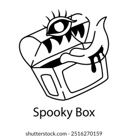 A hand drawn icon of spooky box with demon tongue and eye  