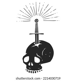 Hand drawn icon stabbed skull by a sword. Vector illustration.