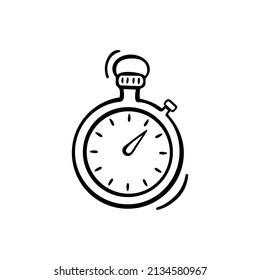 Hand drawn icon of stopwatch in doodle style isolated on white background.