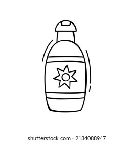 Hand drawn icon of sunscreen in doodle style isolated on white background.