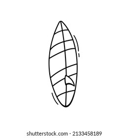 Hand drawn icon of surfboard in doodle style isolated on white background.