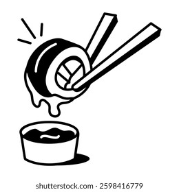 A hand drawn icon of sushi with dip sauce 
