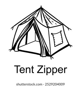 Hand drawn icon of a tent zipper, a portable shelter used for camping and outdoor activities