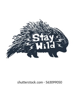 Hand drawn icon with textured porcupine vector illustration and "Stay wild" inspirational lettering.