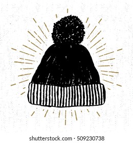 Hand drawn icon with textured winter cap vector illustration.