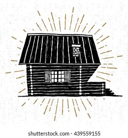 Hand drawn icon with textured wooden hut vector illustration.