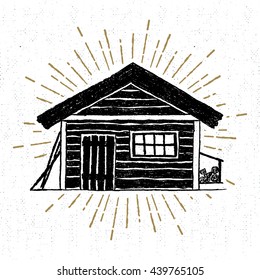 Hand drawn icon with a textured wooden cabin vector illustration.
