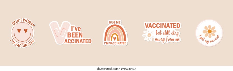 hand drawn icon or web button in bohemian colors with text I am vaccinated.  badge with text I got my coronavirus vaccine. label sticker with text I'm covid-19 vaccinated. vector illustration.