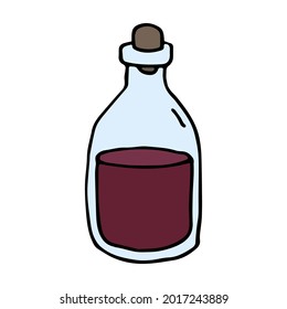 Hand drawn icon of wine, poison or miraculous drink. Doodle sticker alchemical potion in flask. Color vector illustration