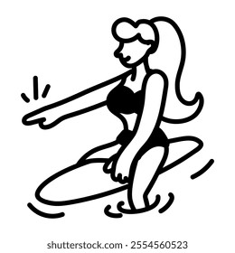 A hand drawn icon of a woman enjoying surfboarding 

